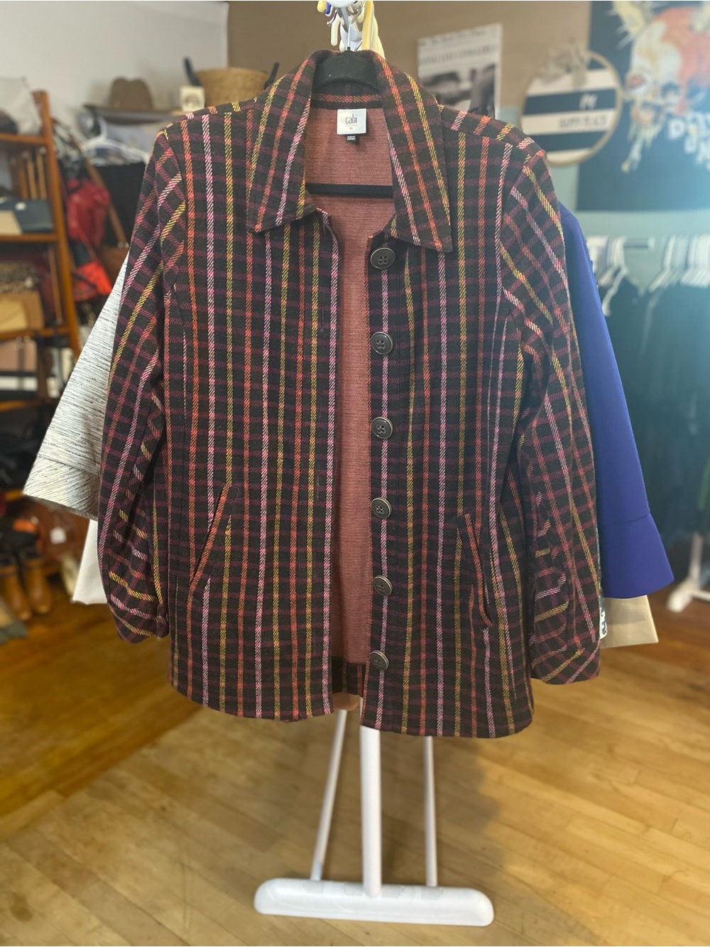 CAbi Black Plaid Button-Front Jacket with Pink and Green Stripes